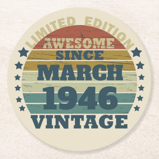 パーソナライズされたヴィンテージ誕生日プレゼント ラウンドペーパーコースター (正面)