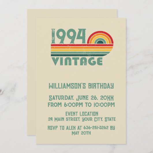 パーソナライズされたヴィンテージ30歳の誕生日プレゼント 招待状 (正面/裏面)