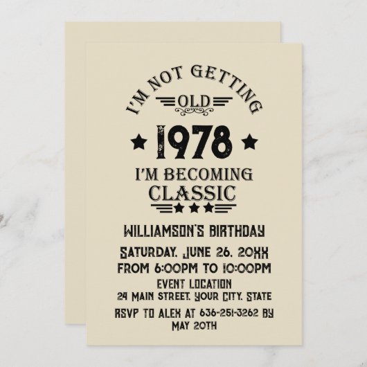 パーソナライズされたヴィンテージ45th誕生日パーティー 招待状 (正面/裏面)