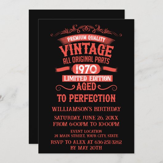 パーソナライズされたヴィンテージ55歳の誕生日ギフト赤 招待状 (正面/裏面)