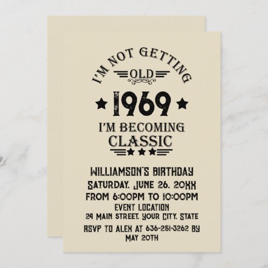 パーソナライズされたヴィンテージ55歳の誕生日パーティー 招待状 (正面/裏面)