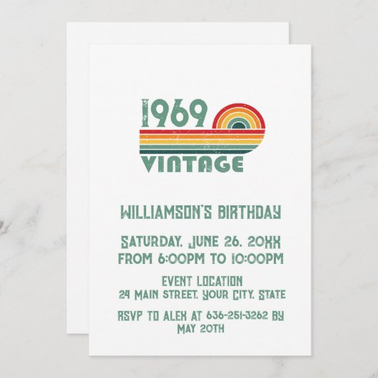 パーソナライズされたヴィンテージ55歳の誕生日プレゼント 招待状 (正面/裏面)