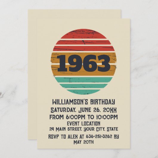 パーソナライズされたヴィンテージ60歳の誕生日パーティー 招待状 (正面/裏面)