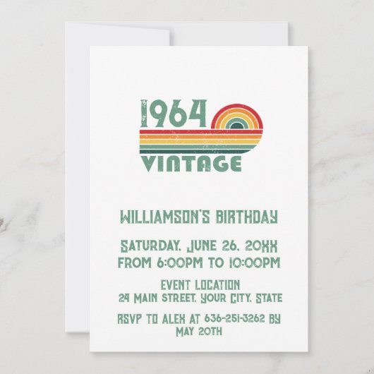 パーソナライズされたヴィンテージ60歳の誕生日プレゼント 招待状 (正面)