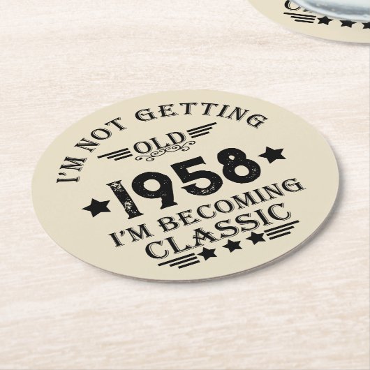 パーソナライズされたヴィンテージ65歳の誕生日パーティー ラウンドペーパーコースター (アングル)