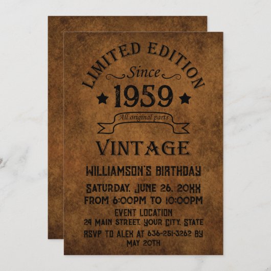 パーソナライズされたヴィンテージ65歳の誕生日パーティー 招待状 (正面/裏面)