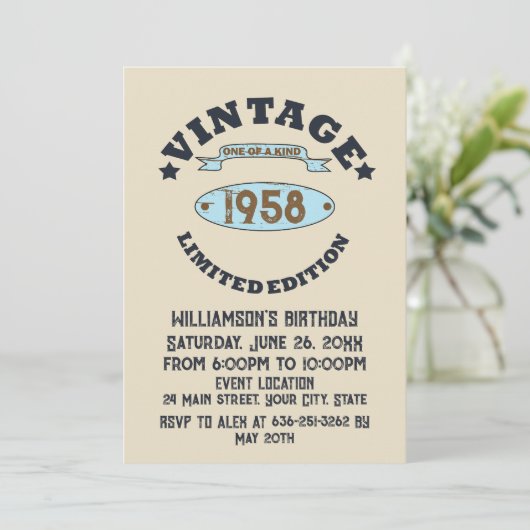 パーソナライズされたヴィンテージ65歳の誕生日パーティー 招待状 (スタンド正面)