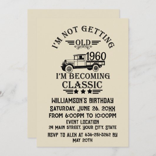 パーソナライズされたヴィンテージ65歳の誕生日パーティー 招待状 (正面/裏面)