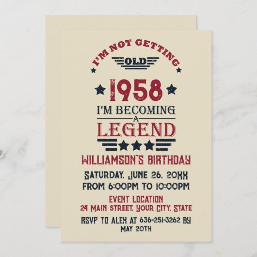 パーソナライズされたヴィンテージ65歳の誕生日パーティー 招待状 (正面/裏面)