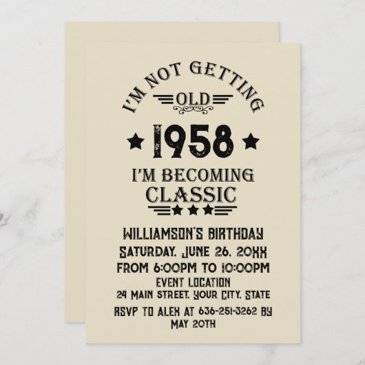 パーソナライズされたヴィンテージ65歳の誕生日パーティー 招待状 (正面/裏面)
