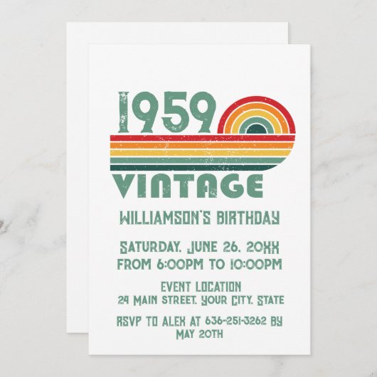パーソナライズされたヴィンテージ65歳の誕生日パーティー 招待状 (正面/裏面)