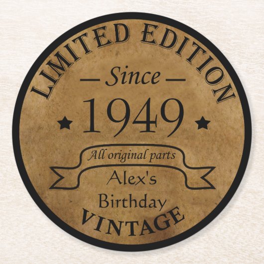 パーソナライズされたヴィンテージ75歳の誕生日プレゼント ラウンドペーパーコースター (正面)