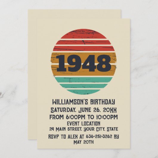 パーソナライズされたヴィンテージ75歳の誕生日 招待状 (正面/裏面)