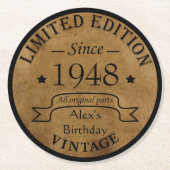 パーソナライズされたヴィンテージ75th誕生日パーティー ラウンドペーパーコースター (正面)