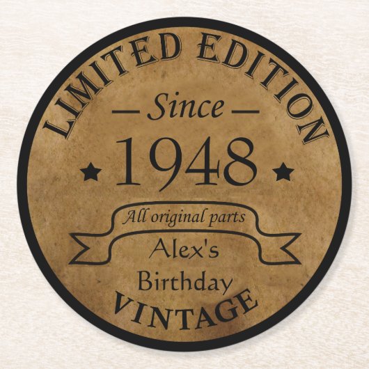 パーソナライズされたヴィンテージ75th誕生日パーティー ラウンドペーパーコースター (正面)