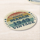 パーソナライズされたヴィンテージ75th誕生日パーティー ラウンドペーパーコースター (アングル)