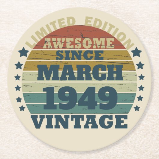 パーソナライズされたヴィンテージ75th誕生日パーティー ラウンドペーパーコースター (正面)