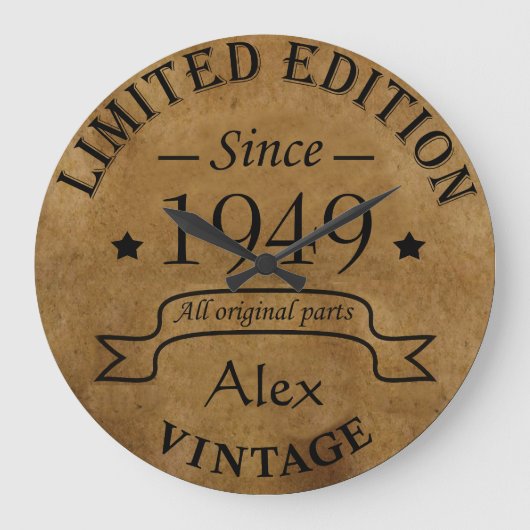 パーソナライズされたヴィンテージ75th誕生日パーティー ラージ壁時計 (正面)