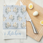 パーソナライズされたヴィンテージ ブルー ホワイト ストライプ フラワー キッチンタオル (四つ折り)