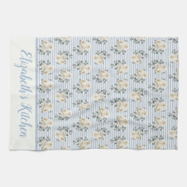 パーソナライズされたヴィンテージ ブルー ホワイト ストライプ フラワー キッチンタオル