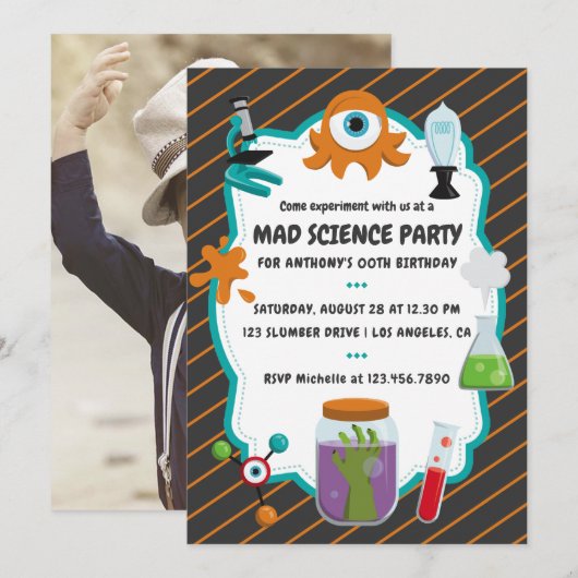 パーソナライズされた不機嫌科学の誕生日パーティー写真 招待状 (正面/裏面)