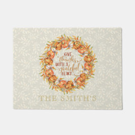 パーソナライズされた与え感謝していパンプキンリース ドアマット