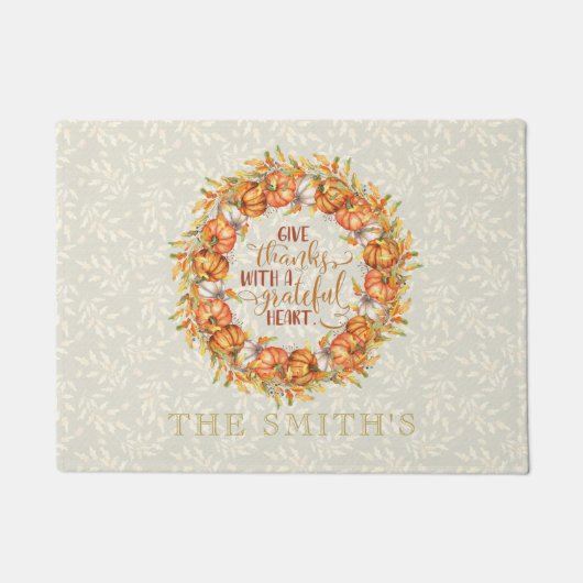 パーソナライズされた与え感謝していパンプキンリース ドアマット (正面)
