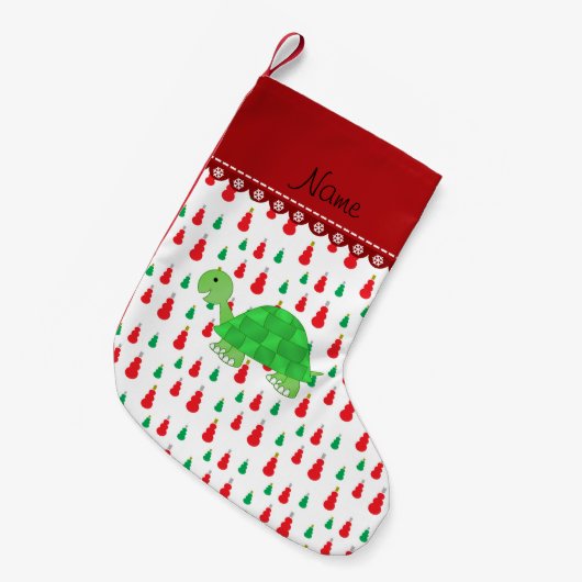パーソナライズされた亀緑の赤雪だるま スモールクリスマスストッキング (正面 (吊り時))