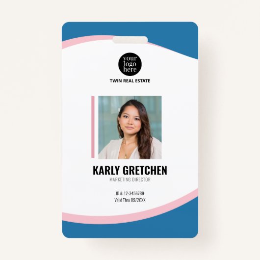 パーソナライズされた企業のモダン社員の青いピンク バッジ (正面)