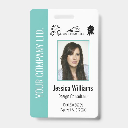パーソナライズされた企業認定スタッフ ティール ID バッジ (正面)