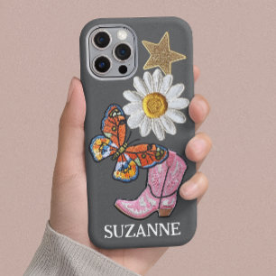 パーソナライズされた偽のパッチ ピンク ウエスタンブーツ iPhone 16 PLUSケース