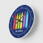 パーソナライズされた先生かわいいクレヨンブルー教室 ラウンド壁時計 (傾斜)