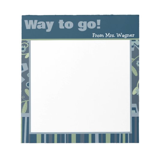 パーソナライズされた先生ブルーフローラストライプのモダン ノートパッド (正面)