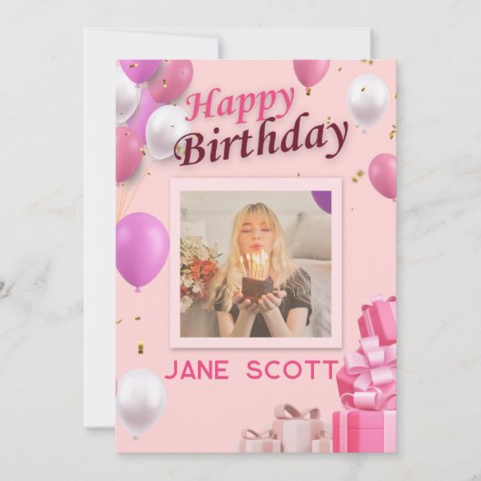 パーソナライズされた写真と名前ピンクのバルーン誕生日 サンキューカード (正面)