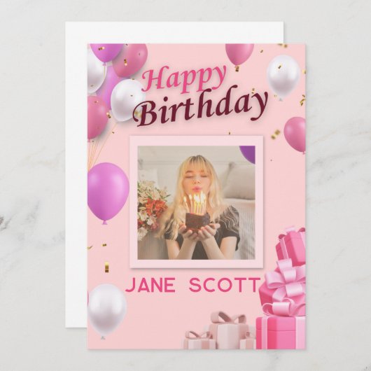 パーソナライズされた写真と名前ピンクのバルーン誕生日 サンキューカード (正面/裏面)