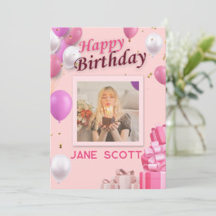 パーソナライズされた写真と名前ピンクのバルーン誕生日 サンキューカード