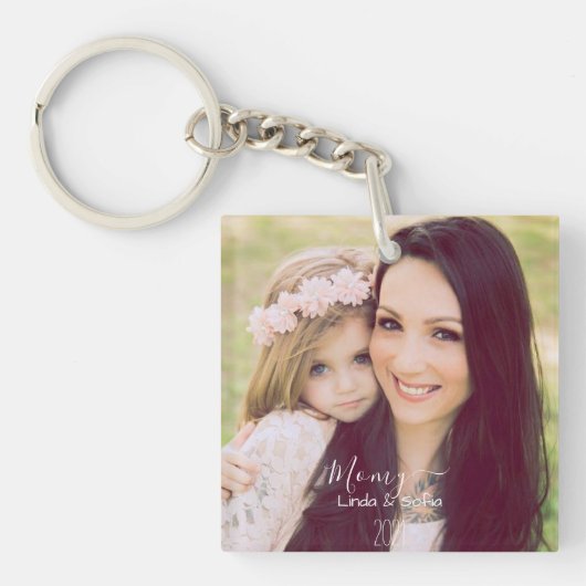パーソナライズされた写真と文字 |名前と日付キーチャ キーホルダー (正面)
