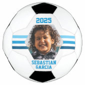 パーソナライズされた写真保存数々の青ストライプ サッカーボール (正面)