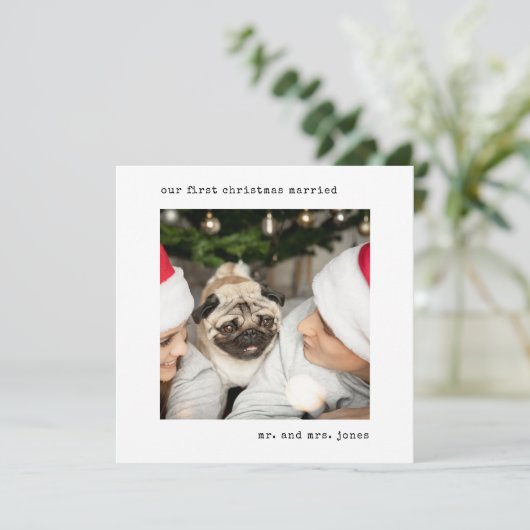 パーソナライズされた写真初めてのクリスマス結婚した シーズンカード (スタンド正面)