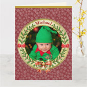 パーソナライズされた写真枠とクリスマスリース カード (黄色い花)