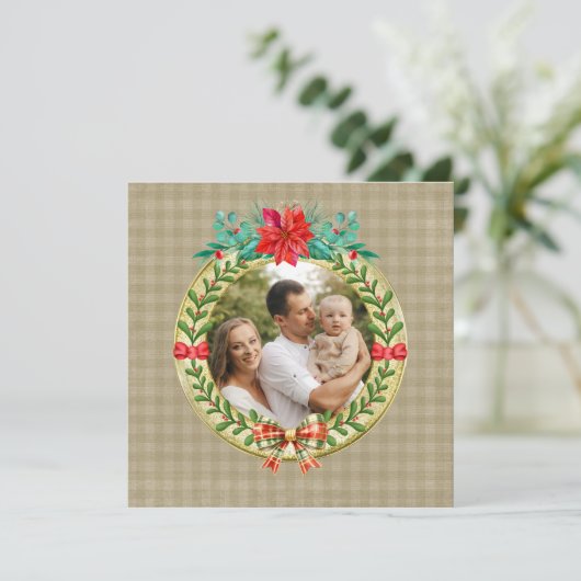 パーソナライズされた写真枠とクリスマスリース シーズンカード (スタンド正面)