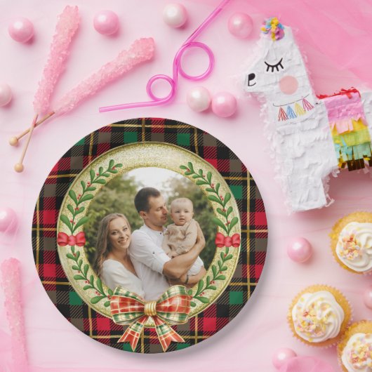 パーソナライズされた写真枠とクリスマスリース ペーパープレート (パーティー)