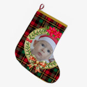 パーソナライズされた写真枠とクリスマスリース ラージクリスマスストッキング (正面 (吊り時))