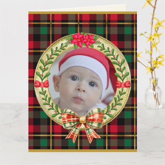 パーソナライズされた写真枠とクリスマスリースC カード (黄色い花)