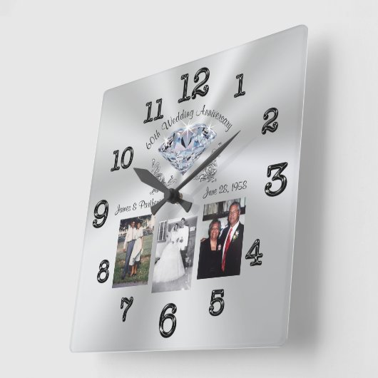 パーソナライズされた写真3枚60周年時計 スクエア壁時計 (傾斜)