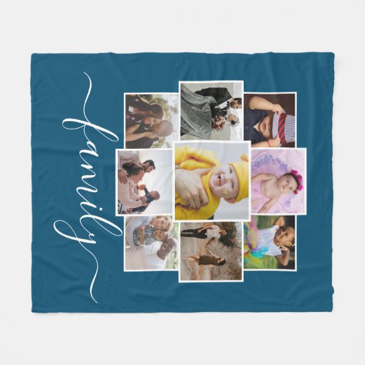 パーソナライズされた写真9枚と文字コラージュ家族 フリースブランケット (正面(横))