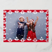 パーソナライズされた写真 フォークアート ボーダー 赤いクリスマス 箔シーズンカード (正面)