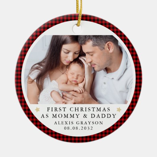 パーソナライズされた初めてのクリスマスを親の写真 セラミックオーナメント (正面)