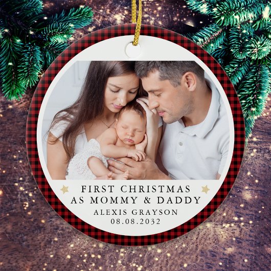 パーソナライズされた初めてのクリスマスを親の写真 セラミックオーナメント