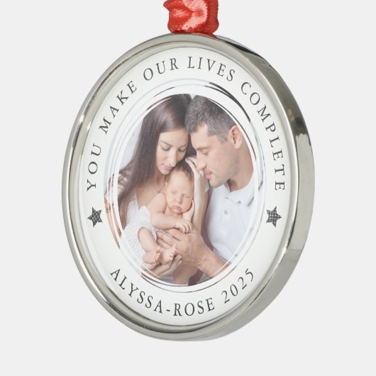 パーソナライズされた初めてのクリスマスを親の写真 メタルオーナメント (左)